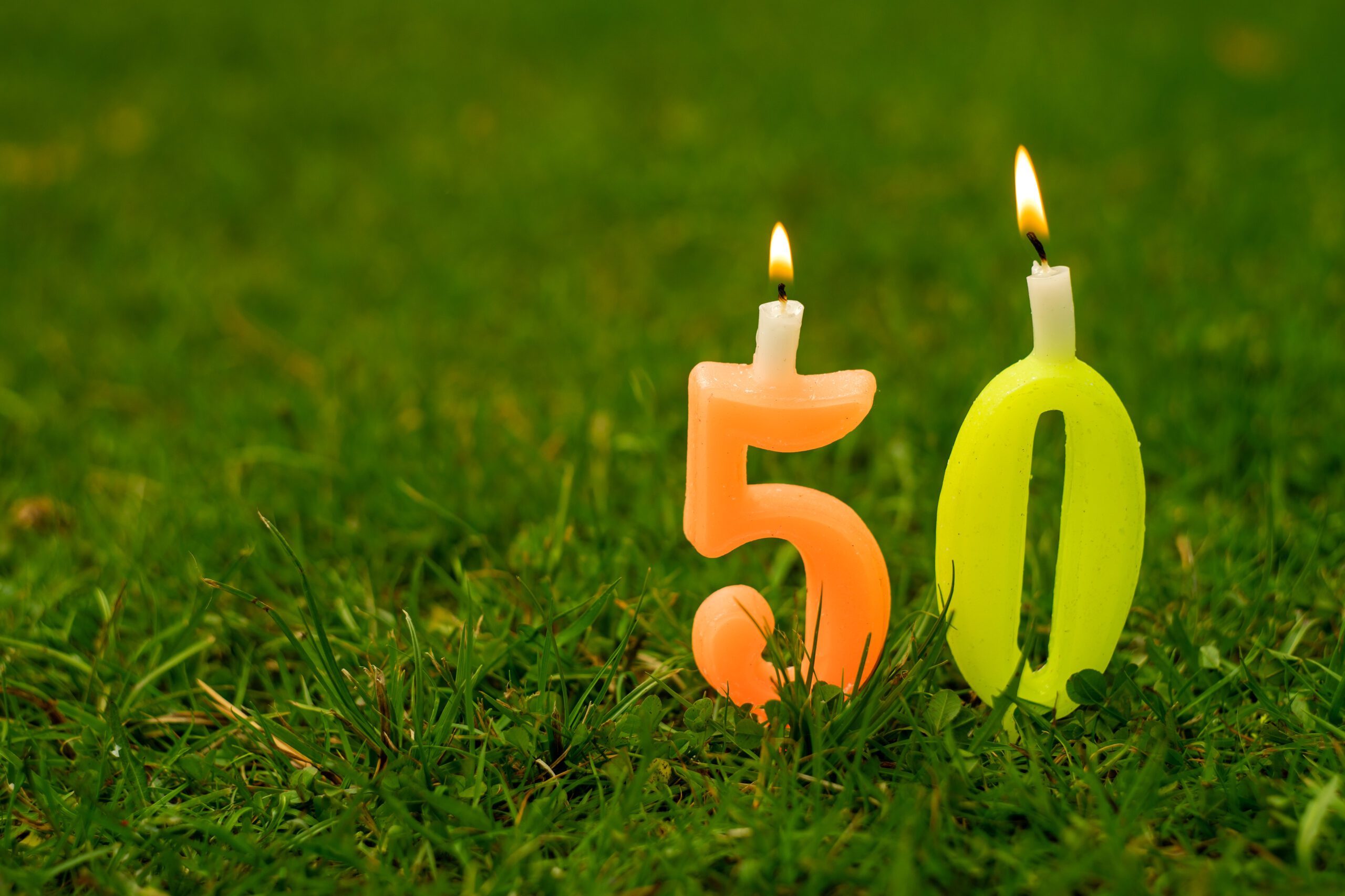 Festive candles in the form of numbers 50 in the green grass. festive background for the text for the anniversary. Festive candles in the form of numbers 50 in the green grass. festive background for the text for the anniversary. High quality photo